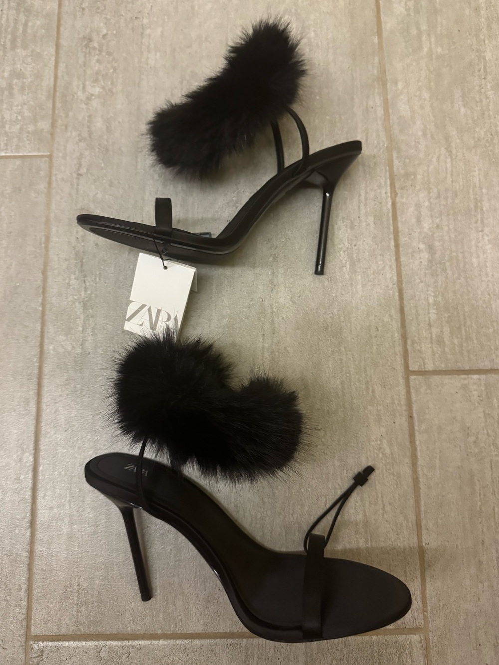 ZARA Black Fur-Strap Stiletto Sandals